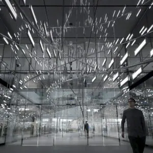 Man goes through the room with OLED lighting installation Light Cloud